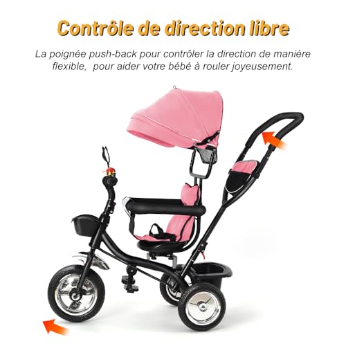 OHMG 4-in-1 Baby-Dreirad, skalierbares Dreirad für Kinder, mit faltbarer Sonnenblende und verstellbarem Elternstock, geräuscharme Räder, wendbarer Sitz, bequemer Griff – Bild 4