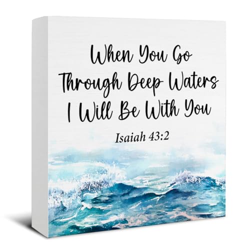 Bible Verse Desk Accessories - Ocean Room Decor - Inspirational When You Go Through Deep Waters I Will Be with You Isaiah 43:2 Religious Wooden Sign Home Living Room Beach Decor - 5 x 5 Inches