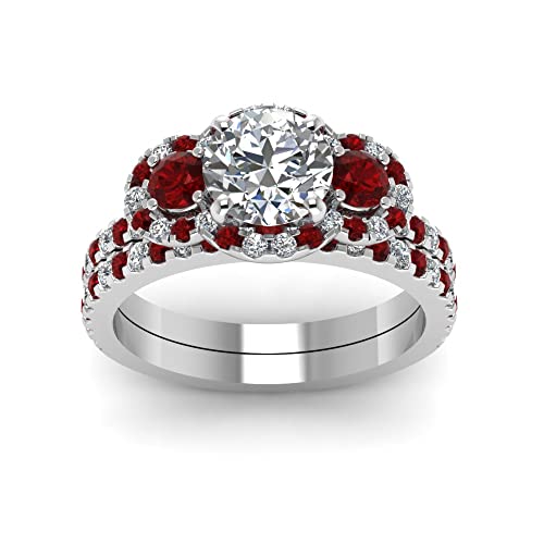 Image of Choose Your Gemstone Delicate 3 Stone Halo Wedding Set Sterling Silver Round Shape Wedding Ring Sets Ornaments Surprise for Wife Symbol of Love Clarity Comfortable US Size 4 to 12