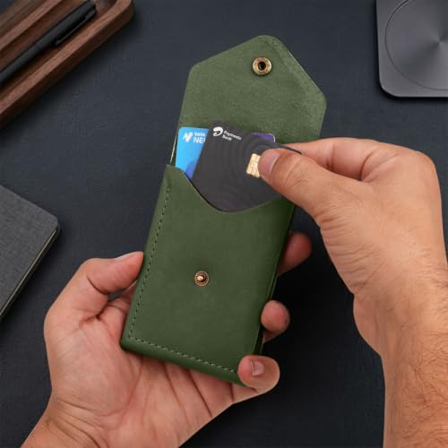 Image of The Wallet Store Flip 2.0 Genuine Leather Vertical Slim Wallet for Men | Pull-String Quick Card Access | Compact Front Cash Pocket & Button Lock | Minimalist Travel & Daily Carry Wallet (Dark Green)