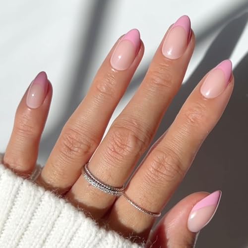 Glamnetic Press On Nails - Pink Macaron | Semi-Transparent Light Pink Pastel French Tip Short Almond Fake Nails in a Glossy Finish, Salon Quality | 15 Sizes - 30 Nail Kit