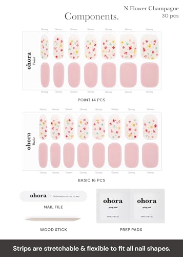 Image of ohora Semi Cured Gel Nail Strips (N Flower Champagne) - Pink, Pattern, Works with Any UV /LED Lamps, Salon-Quality, Long Lasting, Easy to Apply & Remove - Includes 2 Prep Pads, Nail File & Wooden Stick