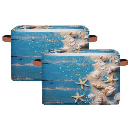 Image of Blue Wooden Board Storage Baskets for Organizing, Fabric Collapsible Storage Bins Box Seashells Decorative Toy Organizer Baskets for Closet Shelves Gift Basket 2Pcs