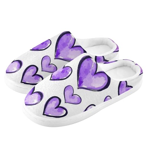 JUNZAN Purple Hearts Watercolor Cartoon Women Cotton Slippers Comfortable Memory Foam Indoor Slippers for Spa Birthday Presents 6-74