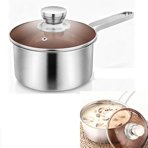 Cazo con mango de 16 cm, aprox. 1,9 L, acero inoxidable, con tapa de cristal, olla pequeña de inducción con base de 3 capas para todo tipo de cocinas, cacerola con tapa, saludable, no tóxica, apta