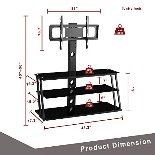 GHEDA 3 Tier Glass TV Stand with Swivel Mount,Height Adjustable for 32 37 42 47 50 55 60 65 inch Plasma Flat or Curved Screen Television,TV Base Bracket with 3 Layers Media Storage for Xbox,PS4 - Thumbnail 7