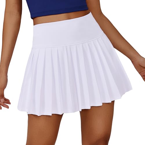 PINSPARK Tennis Skorts for Woman with Pocket High Waist Golf Skirt A Line Pleated Pickleball Skort with Built-in Shorts White L
