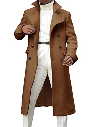 Ebifin Men's Notch Lapel Double Breasted Long Trench Coat Casual Cotton Blend Peacoat #TOP1