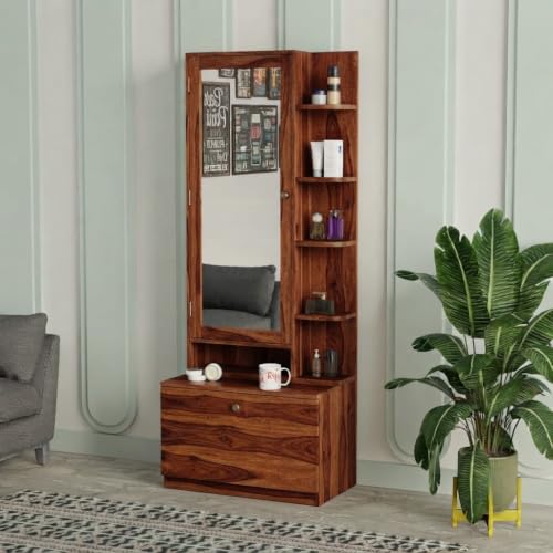 Image of Rajasthali Furniture Wooden Dressing Table with Mirror, Vanity Table for Bedroom with Storage Drawer & Open Shelves, Makeup Table with Mirror Cabinet, Dressing Unit for Home Furniture (Honey Finish)