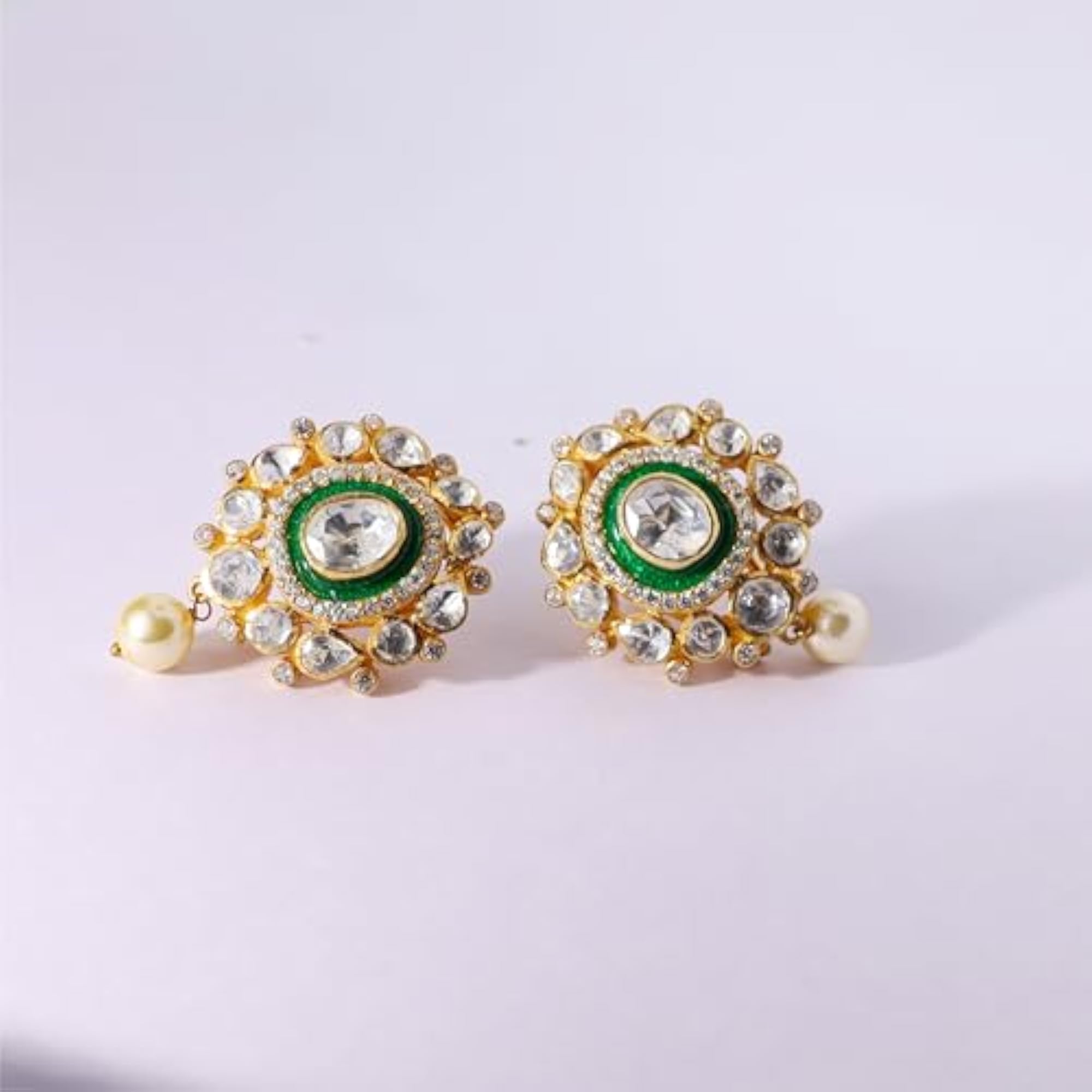 Women's 925 Silver Kundan Flower Shaped Earring Set in Gold Finish