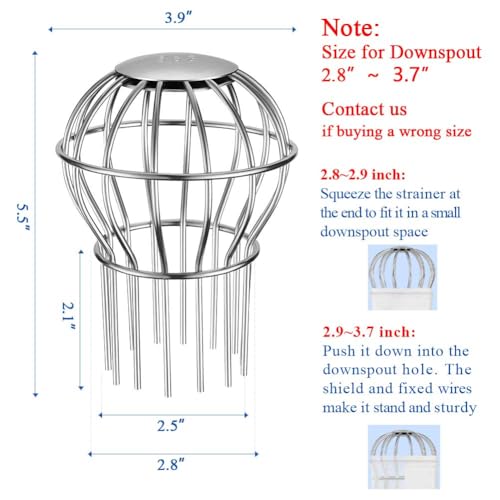 Image of Gutter Guard 3 Inch 304 Stainless Steel Filter Strainer Fits for 2.6 inch ~ 3.7 inch Round Downspout, Stops Leaves Seeds and Other Debris Gutter Cleaning Tool - 4 Pack