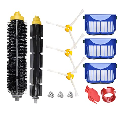 Fuyoda Acessórios de peças de reposição para iRobot Roomba Série 600 614 618 620 630 650 651 660 665 680 690 692 694 Aspirador, 3 escovas laterais e 3 filtros e 1 par de cerdas e escova batedor flexível