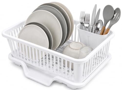 Image of Heavy Duty 2-Piece Plastic Dish Drying Rack Set in White - Includes Large Dish Drainer, Attached Drainboard, and Utensil Cup Holders for Home Kitchen Countertop Organization