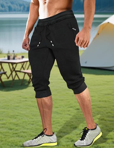 FASKUNOIE Men's Cotton Casual Shorts 3/4 Jogger Capri Pants Breathable Below Knee Short Pants with Three Pockets2