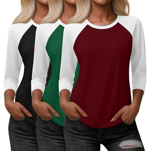 La mejor comparación de Playeras Bicolor comprados en linea. 39 Huukeay - Paquete de 3 camisas raglán de manga 3/4 para mujer, cuello redondo, mezcla de algodón, casual, camisetas de béisbol de bloque de color, camisetas básicas de jersey,...
