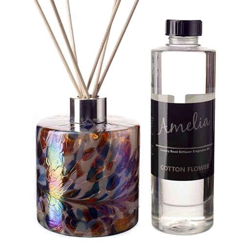 Glass Reed Diffuser Gift Set Cylinder White, Blue & Red with Cotton Flower Fragrance