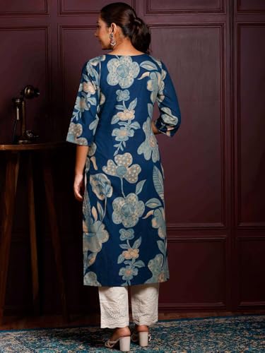 Image of Rimeline Women's Cotton Floral Printed Kurta with Notch Neck Detail | Straight Fit Ethnic Wear for Office, Casual & Everyday Styling