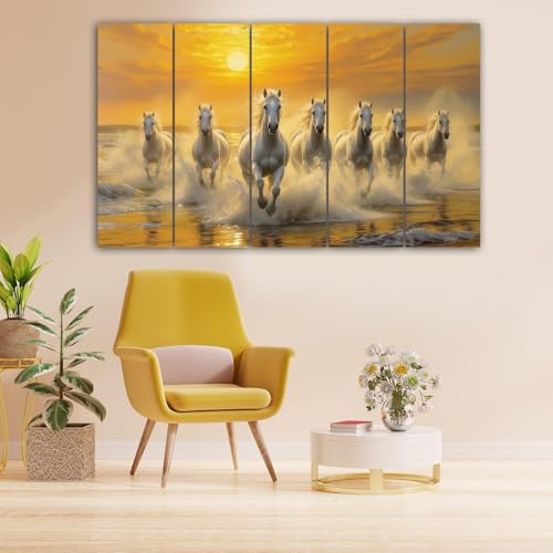 Image of Maxstone 7 Horses Wall Painting for Living Room Big Size - 7 Running Horses Painting Vastu for Bedroom, Office, Hotel - Wall Decor Digital Painting Wooden Framed for Gifting (30x60 inch) M1391