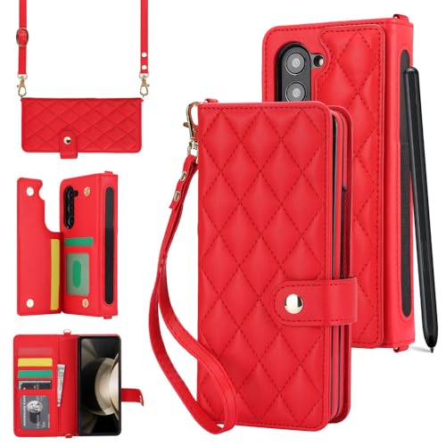 Étui en cuir haut de gamme pour Samsung Galaxy Z Fold 5 4 3 avec sangle amovible, Rouge
