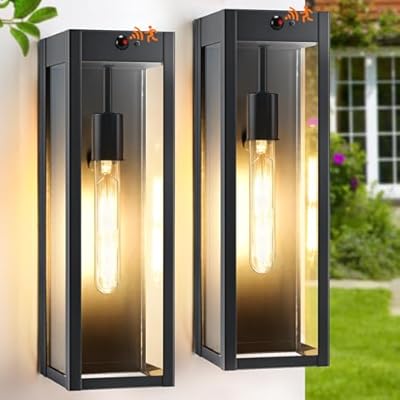 CRIRY 15.3" Large Motion Sensor Outdoor Wall Lights 2Pack, Dusk to Dawn Porch Lights Outdoor Wall Sconces,3 Lighting Modes Black Exterior Lighting Fixtures, Outside Lanterns for House Garage,None-Bulb
