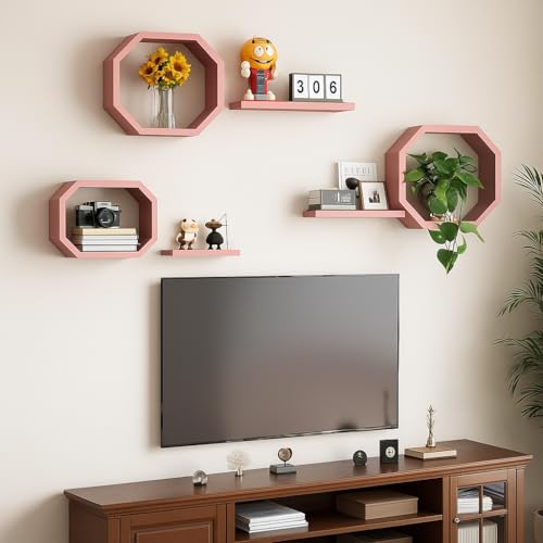 Image of Wall Mounted Floating Shelves Set of 6, Multipurpose Display, Book, Storage & Decor Shelves, Octagon Shape Wooden Wall Shelf for Living Room, Bedroom, Kitchen (Pink)