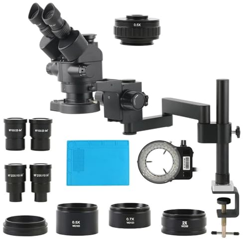 顕微鏡キット 回転式ユニバーサル関節式アームスタンド 3.5X-180X 同時焦点三眼実体顕微鏡、カメラは付属していません 顕微鏡レンズアダプター