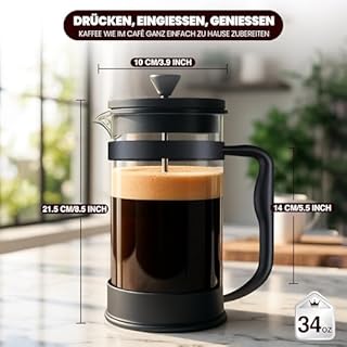 KICHLY 8 Cup Cafetiere French Press 1.0L Coffee Maker and Tea Maker with Heat Resistant Glass and Ergonomic Design