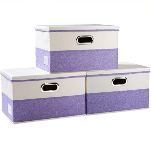 Image of PRANDOM Large Foldable Storage Bins with Lids [3-Pack] linen Fabric Decorative Storage Boxes Organizer Containers Baskets Cube with Handles Divider for Bedroom Closet Purple&Cream(17.7x11.8x11.8)