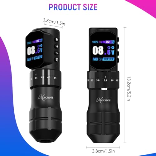 Image of MAYCREATE ArtFlex cordless tattoo pen with LCD screen, 7-step adjustable stroke from 2.3mm to 4.5mm, 2000mAh USB rechargeable battery, low noise rotary design compatible with tattoo cartridges
