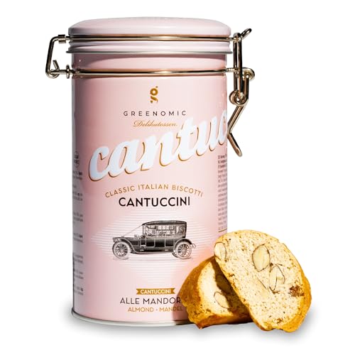 Greenomic - Cantuccini italiens avec des amandes - 180g - emballés dans une boîte cadeau décorative - biscuits italiens originaux pour accompagner le café ou le thé