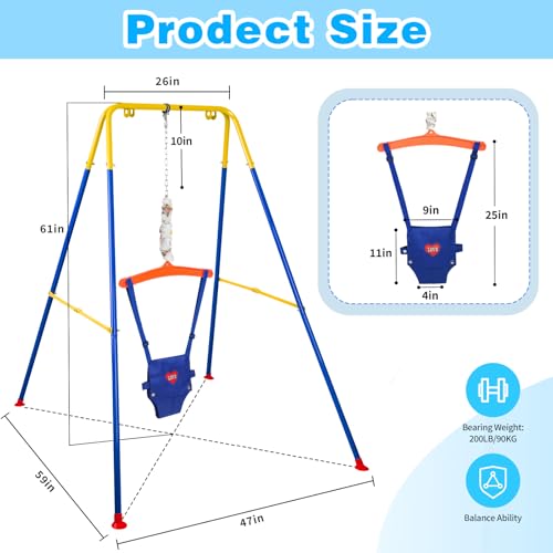 Baby Jumper with Stand, Infant Jumper with Adjustment Strap, Indoor/Outdoor Toddler Swing Set, Baby Jumpers and Bouncers for Boys Girls 6-24 Months, Easy to Assemble & Store (Blue) - Thumbnail 3