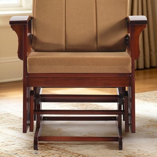 Image of Solid Wood Glider Rocking Chair & Ottoman Set, Perfect for Nursery & Nursing, Padded Cushion with Smooth Rocking Motion, Rustic Finish for Living Room Napping and Reading,Dark Brownish
