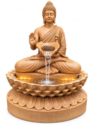 Image of G - Creations : Buddha Waterfall Fountain, Beige, Fibreglass, 2 Feet Height, Water Feature with Lotus Base, Corded Electric for Home | Office | Outdoor| Indoor and Porch Area