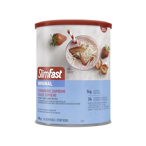 SlimFast Original Poudre de protéine, mélange de substitut de repas – 14 g de protéines + 23 vitamines/minéraux essentiels – Strawberry Supreme, 16 portions [530 g]