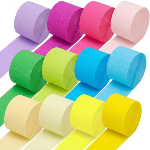 Image of Pastel Rainbow Crepe Paper Streamers, 12 Rolls, 984 ft | 12 pastel rainbow colors 82 ft per roll Crepe paper streamers For birthdays, showers, weddings, classrooms, and DIY decor