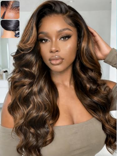 Image of KLAIYI Bye Bye Slip Ombre Balayage Brown Loose Body Wave 7X5 Pre Cut Lace Front Human Hair Wig Drawstring Glueless Highlight Pre Plucked Bleached Knots Wig with Face Framing Bangs 180% Density 22Inch