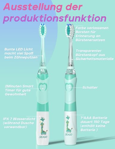 Seago Elektrische Zahnbürste Kinder mit 8 Extra Weiche Aufsteckbürste und 4 Persönliche Modi, LED Licht, Smart Timer, IPX7 Wasserdicht, Kinder Schallzahnbürste ab 3 Jahre, SG977(Grün) – Bild 5