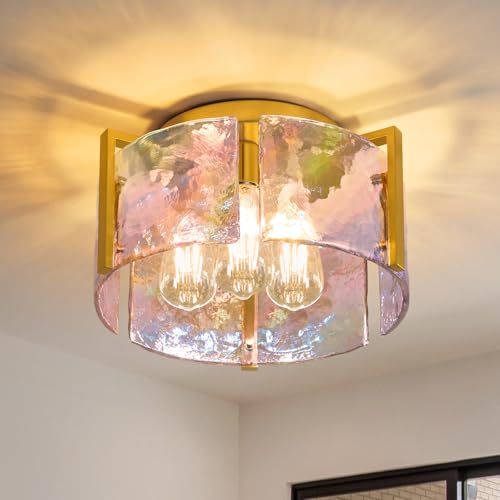 Gold Flush Mount Ceiling Light Fixture: 14.1'' Glass Semi Ceiling