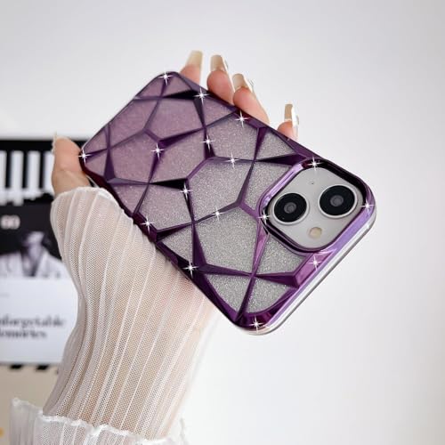 Image of VONZEE Gradient Glitter Case For iPhone 14 6.1'', Luxury Electroplated 3D Cube, Diamond Bling Shiny Soft TPU Clear Shockproof Case Women Girls Protective Phone Cover (Deep Purple)