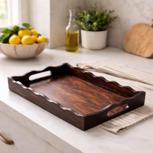 Image of Hamdan Large Serving Tray, Tray with Cutout Handles, Rectangle Butler Tray for Breakfast in Bed, Coffee Table Decor, Party (8x6)