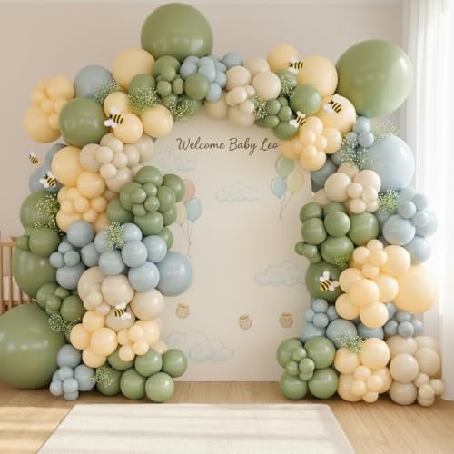 Image of 184Pcs Classic Cartoon Balloon Garland Arch Kit - Classic Bear Theme Party Decorations with Blue Yellow Sage Green Sand White Balloons for Baby Shower Girl Boy Birthday Party Decorations