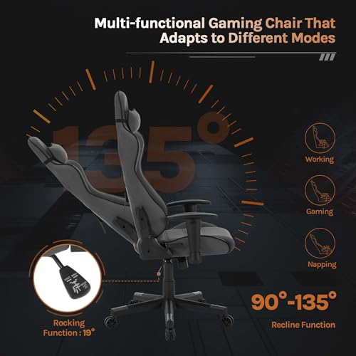 Sedia Gaming di Tessuto Traspirante, Poltrona da Gaming Ergonomica, Sedia da PC con Poggiatesta, Cuscino Lombare, Braccioli Regolabili, Funzione Basculante, Tessuto a Rete, Grigio - Sedia gaming - Immagine 6