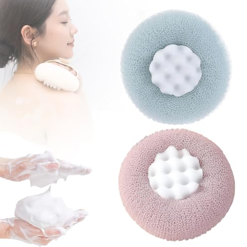 Super Soft Sunflower Suction Cup Bath Ball, 2025 Upgraded 2 in 1 Bath Sponge with Comfortable Non-Slip Handle, Sunflower Bath Ball Exfoliating Mesh Bath Sponge Cleaning Brush (Purple+Green)