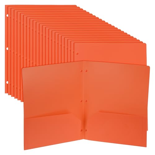 PATIKIL 24個のプラスチック製2つのポケットフォルダー、3つの穴パンチ耐久性のあるヘビーデューティー2ポケットファイルフォルダー、レターサイズのバインダーインデックスディバイダー、オフィスや家庭用の名刺スロット付き、オレンジ