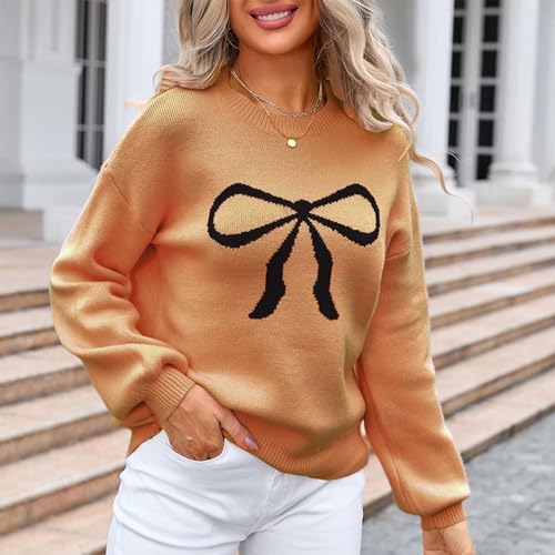 Womens Sweaters Classic Round Neck Long Sleeve Knitted Pullover Trendy Knit Bows Graphics Loose Sweater 2025 New Jumper3