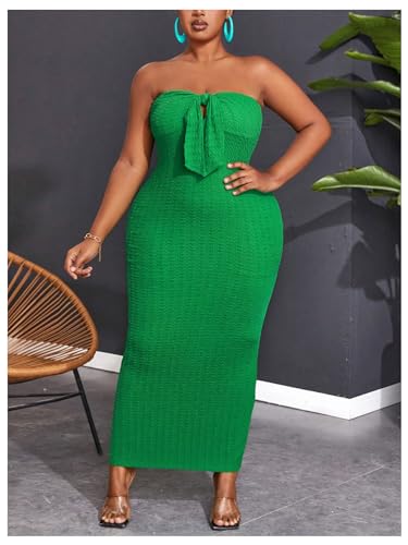 Image of WDIRARA Women's Plus Size Strapless Sleeveless Tie Front Bodycon Dress Party Club Tube Dresses