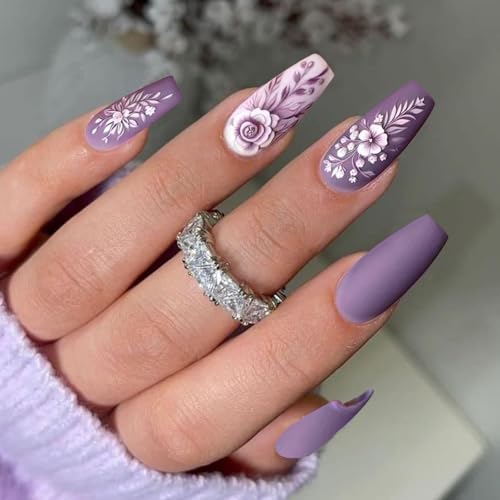 SEMATA Spring Purple Acrylic Press on Nails Medium Long Square Nails Press ons Coffin Summer Cute Glue on Fake Nail with Flower Designs Reusable Artificial Stick on False Nail for Women 24Pcs — view 3