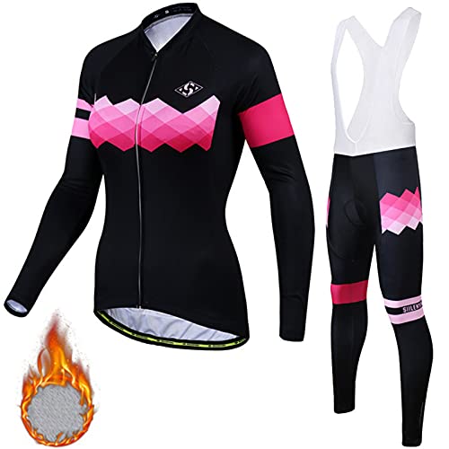 Femmes Maillot Cyclisme Manches Longues + Pantalons avec 3D Gel Rembourré Vêtements de Vélo Respirant Séchage Rapide Tenue Automne ​Hiver Thermique Polaire Cycliste pour Vélo VTT Sports,B6,M