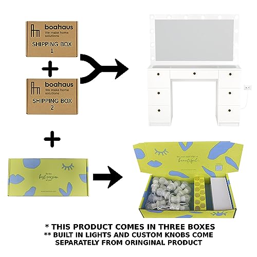 Boahaus Yara Large Bedroom Makeup Vanity Desk with Mirror and Lights, 7 Drawers, Glass Top, Golden Knobs - White Big Vanity Makeup Desk, Built-in Lights, 56\'\' H x 46.3\'\' W x 14.6\'\' D