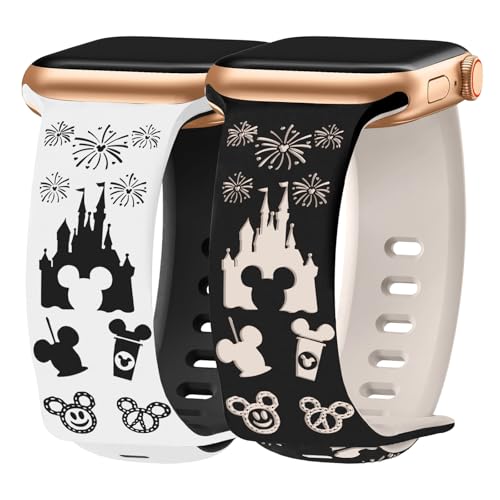 Shesyuki 2 Packs Cartoon Engraved Bands for Apple Watch 38/40/41/42/44/45/46/49mm Women, Two-Tone...
